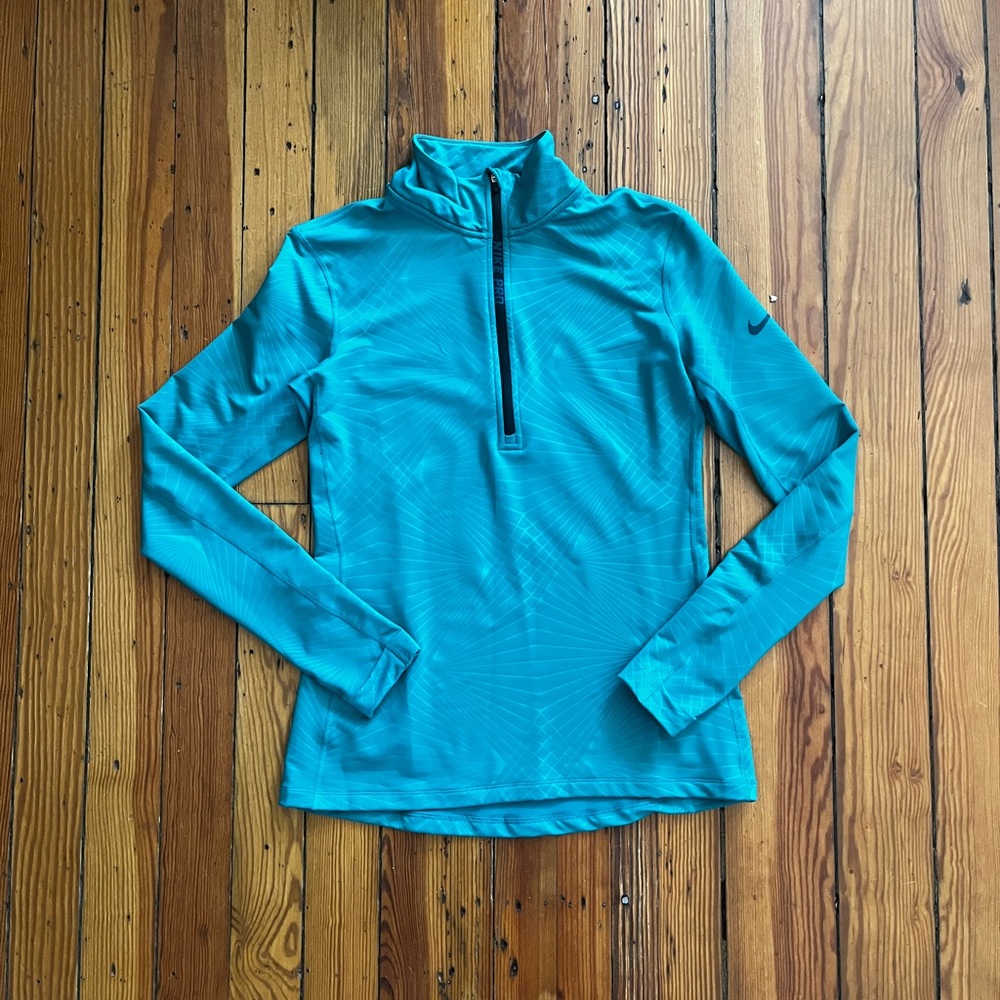 Blue Nike Pro Hyper warm Fitted 1/4 Zip Pullover  Thumbhole, Turquoise  Size L
